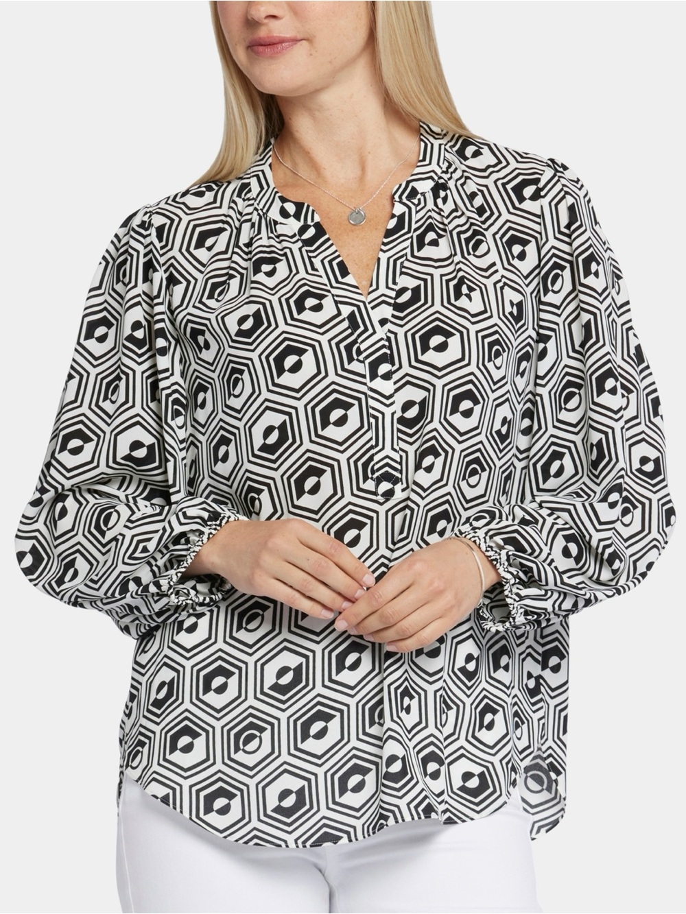 NYDJ Women’s Puff Sleeve Popover Top in Night Owl Black White Blouse Large L